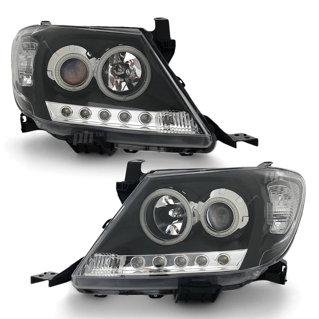 Headlights Black DRL Projector HALO Angel Eyes Fits Toyota Hilux N70 2005 - 2011