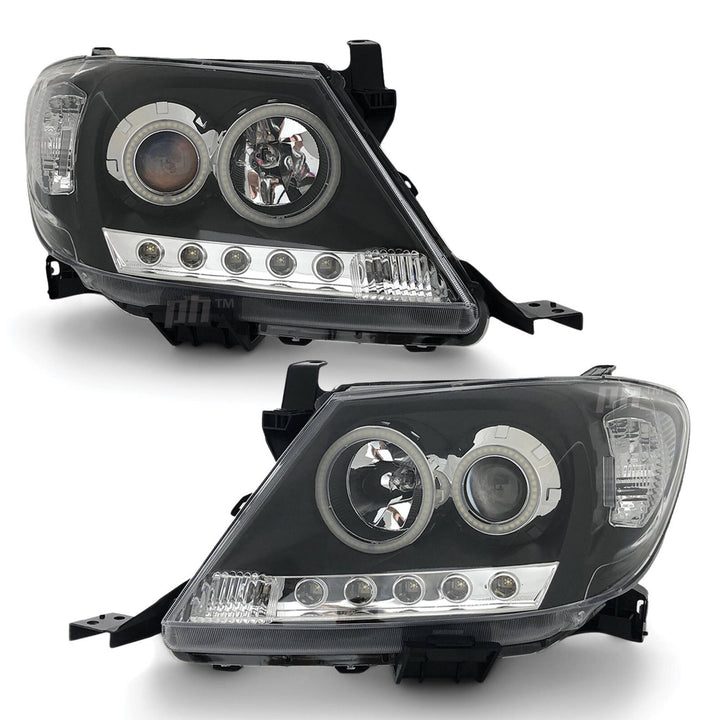 Headlights Black DRL Projector HALO Angel Eyes Fits Toyota Hilux N70 2005 - 2011