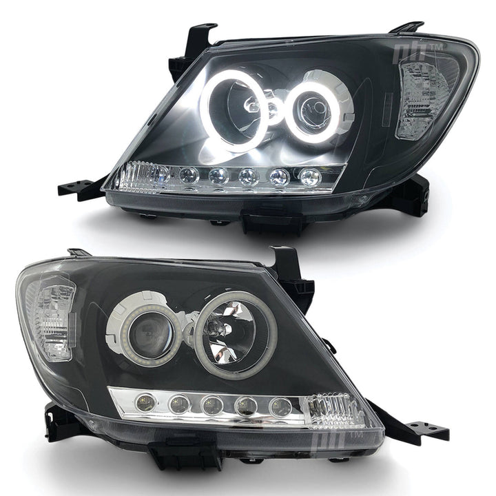 Headlights Black DRL Projector HALO Angel Eyes Fits Toyota Hilux N70 2005 - 2011