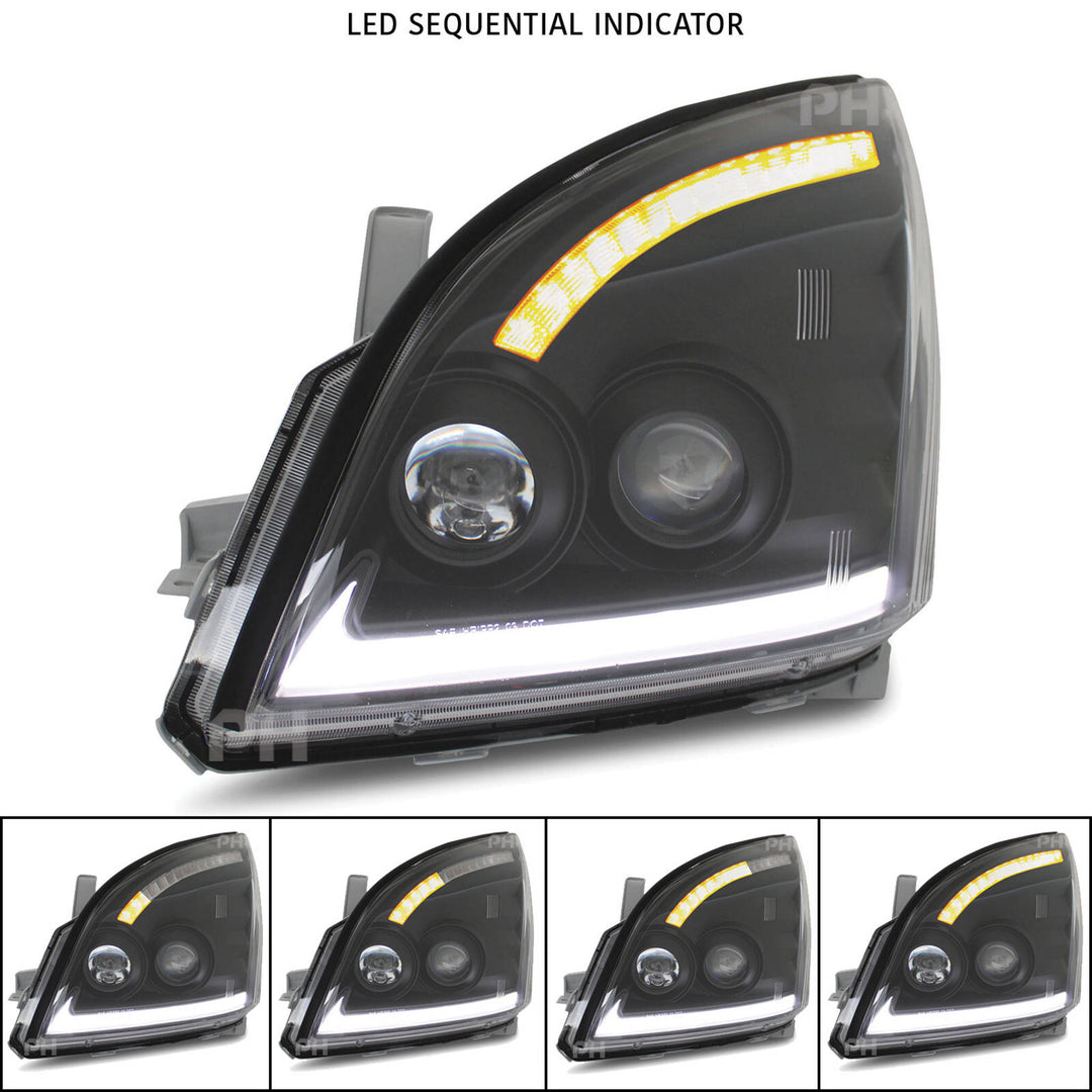 Headlights Black Sequential DRL Style Fits Toyota Landcruiser Prado 120 Series 10/2002 - 9/2009
