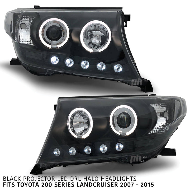 Headlights Angel Eye LED Halo DRL Black fits Toyota Landcruiser 200 Series 07-15