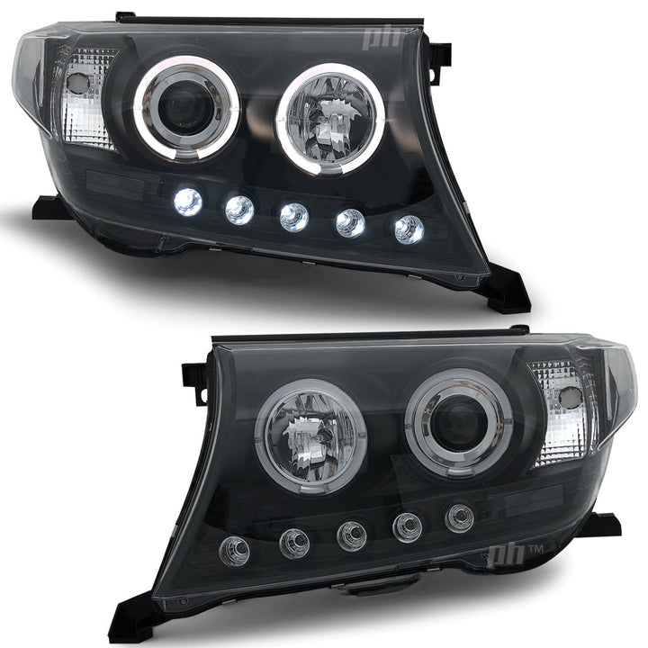 Headlights Angel Eye LED Halo DRL Black fits Toyota Landcruiser 200 Series 07-15