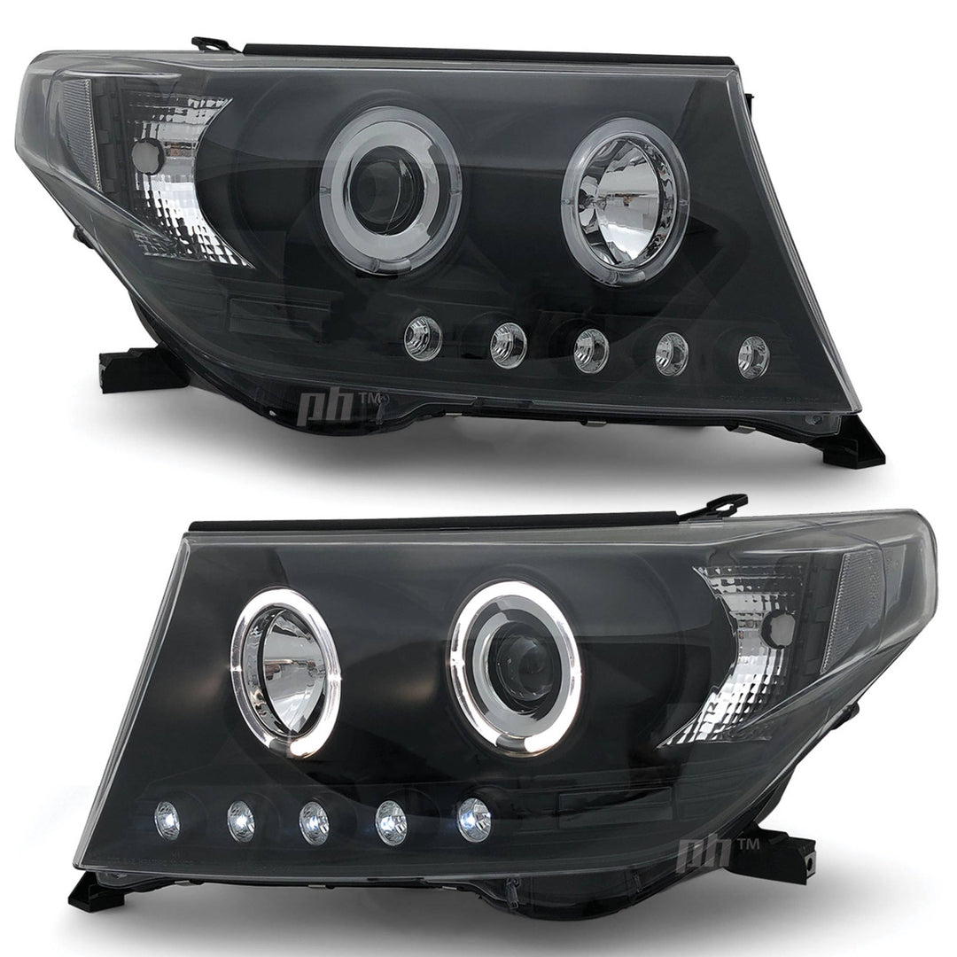 Headlights Angel Eye LED Halo DRL Black fits Toyota Landcruiser 200 Series 07-15