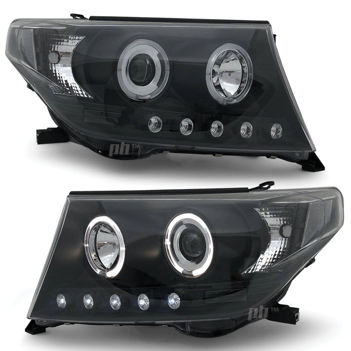 Headlights Angel Eye LED Halo DRL Black fits Toyota Landcruiser 200 Series 07-15