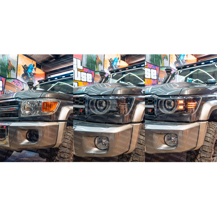 DEFEND-R DRL Full LED Black Projector Headlights PAIR fits Toyota Landcruiser 76 78 79 Series 2007 -