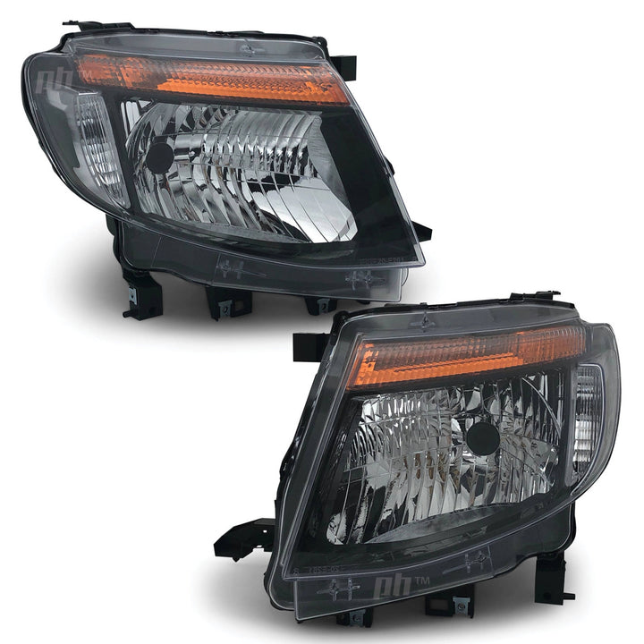 Headlights Black PAIR fits Ford Ranger PX MK1 XL XLT WILDTRAK 2011 - 2015